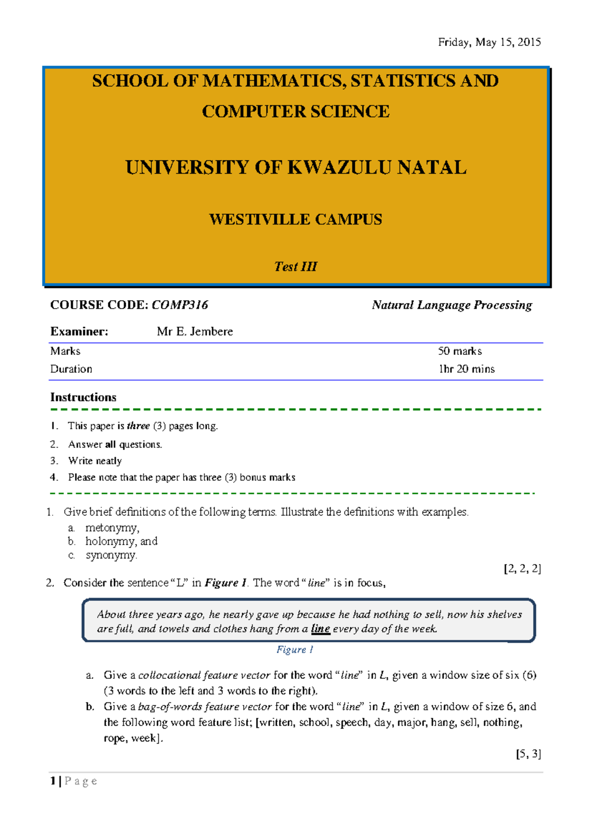 COMP316 - 2015 Test: Natural Language Processing Exam - Studocu