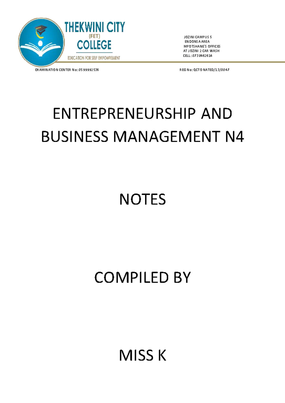 Entrepreneurship and Business Management N4 Notes - Studocu