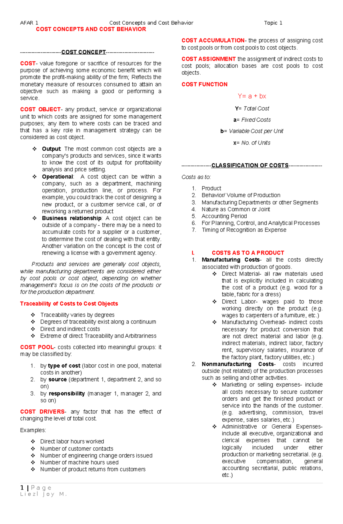 AFAR 1 Topic 1 Lecture Notes: Cost Concepts & Behavior Analysis - Studocu