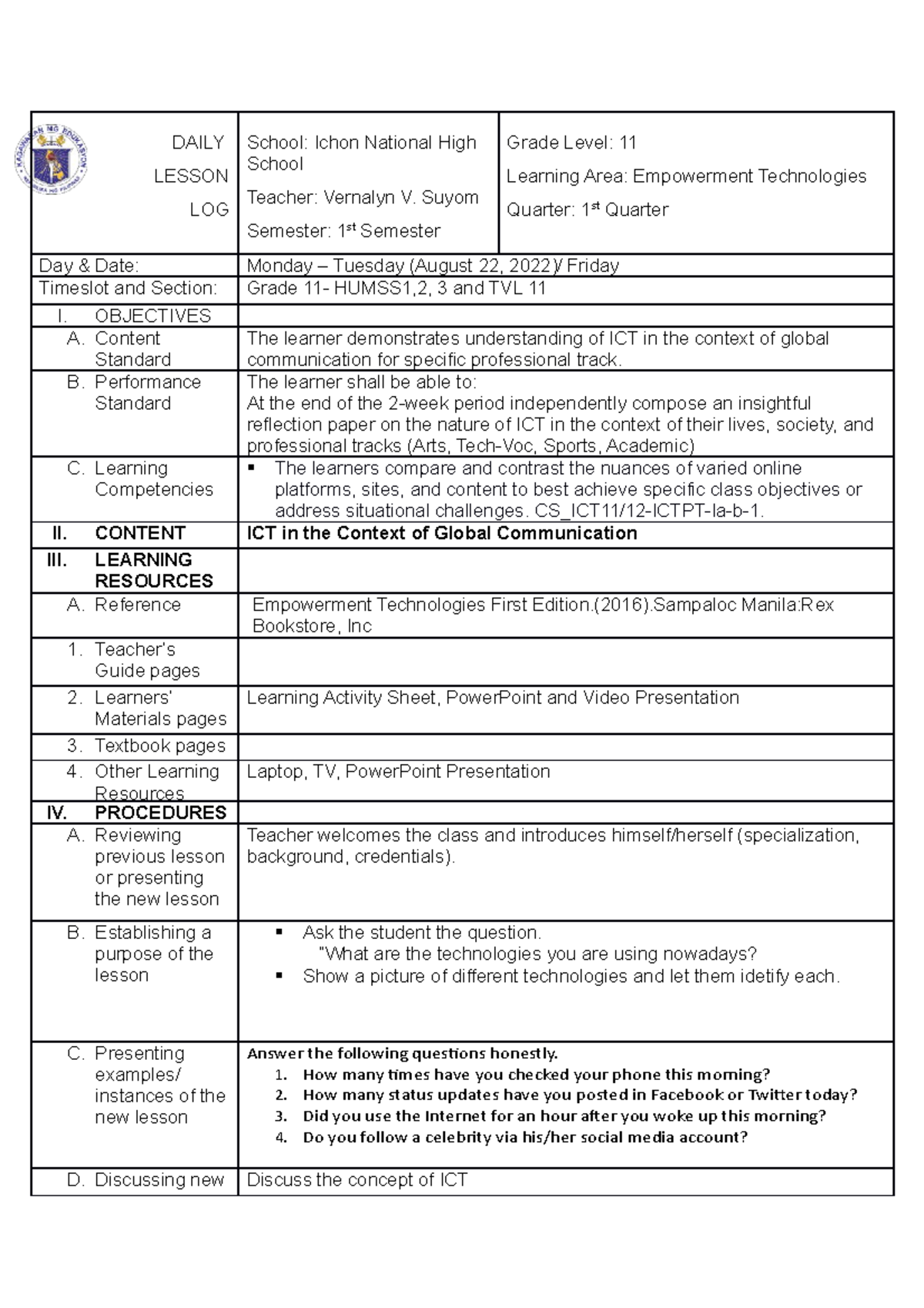 Detailed Lesson Plan: Empowerment Tech for Grade 11 - 1st Sem DLP - Studocu