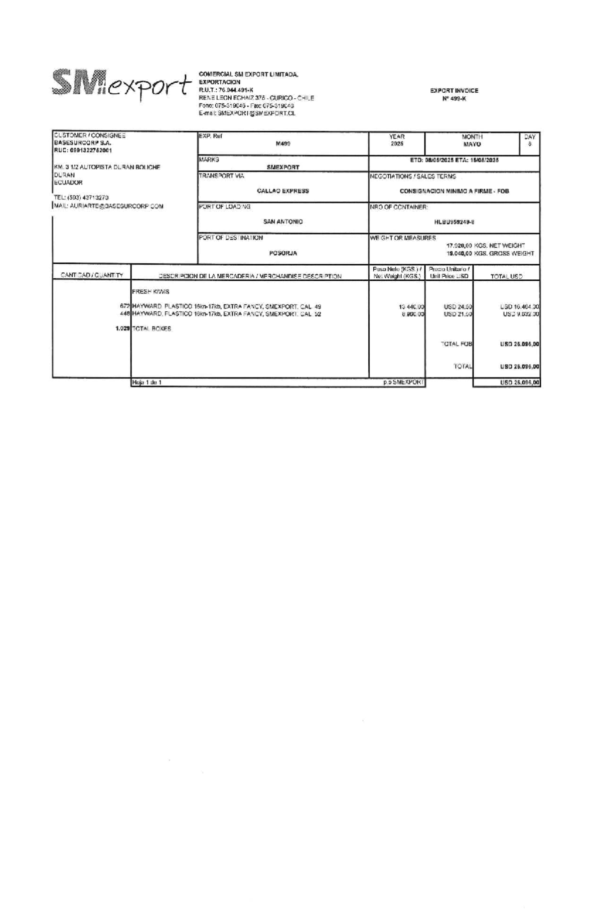 Export Invoice for Fresh Kiwis - COMERCIAL SM EXPORT LTDA. - Studocu