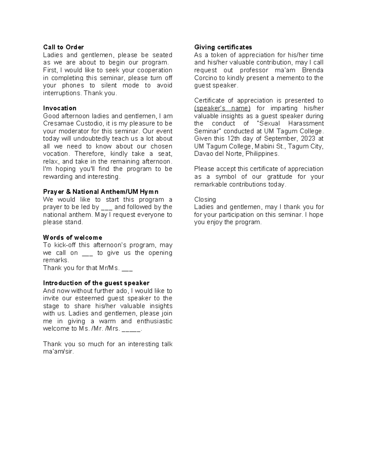 Emcee Script for Seminar - Lecture Notes - Studocu