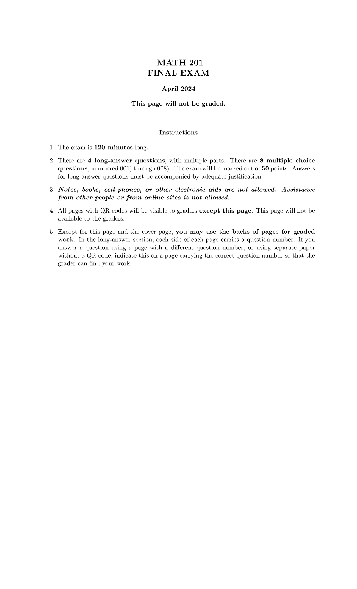 Winter 2024final MATH 201 FINAL EXAM April 2024 This page will not be