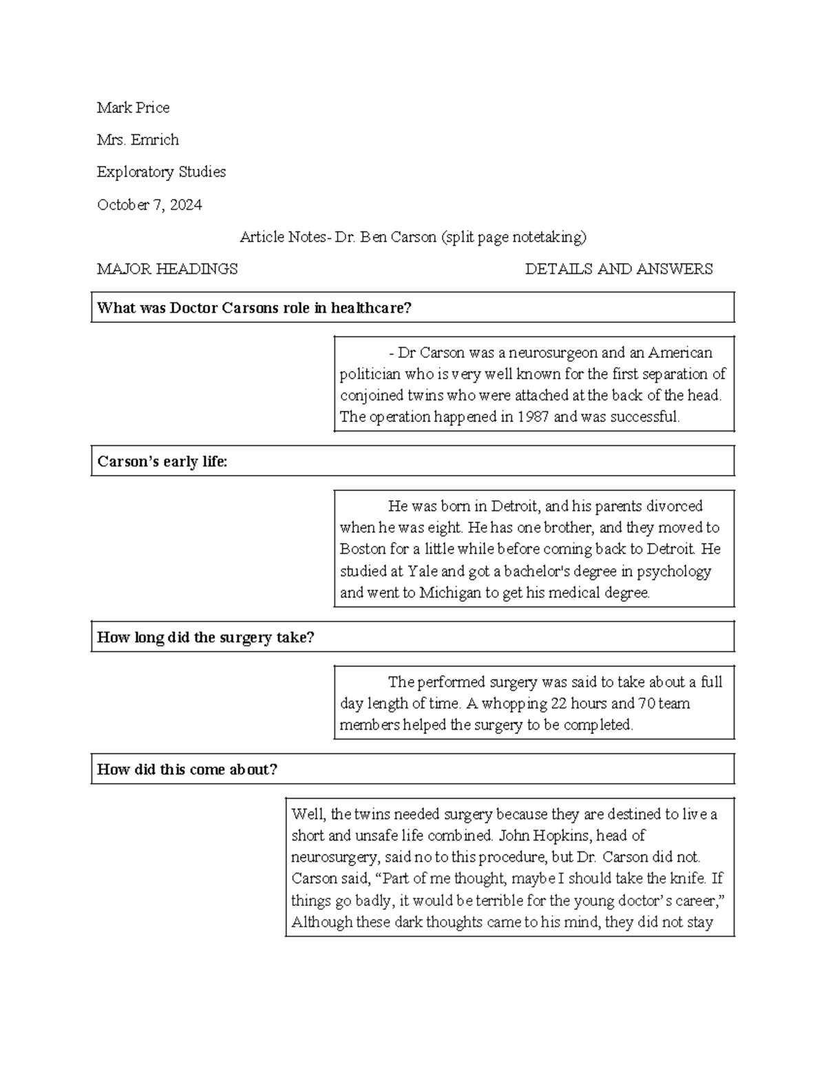 Exploratory studies article notes on Dr. Ben Carson - Studocu