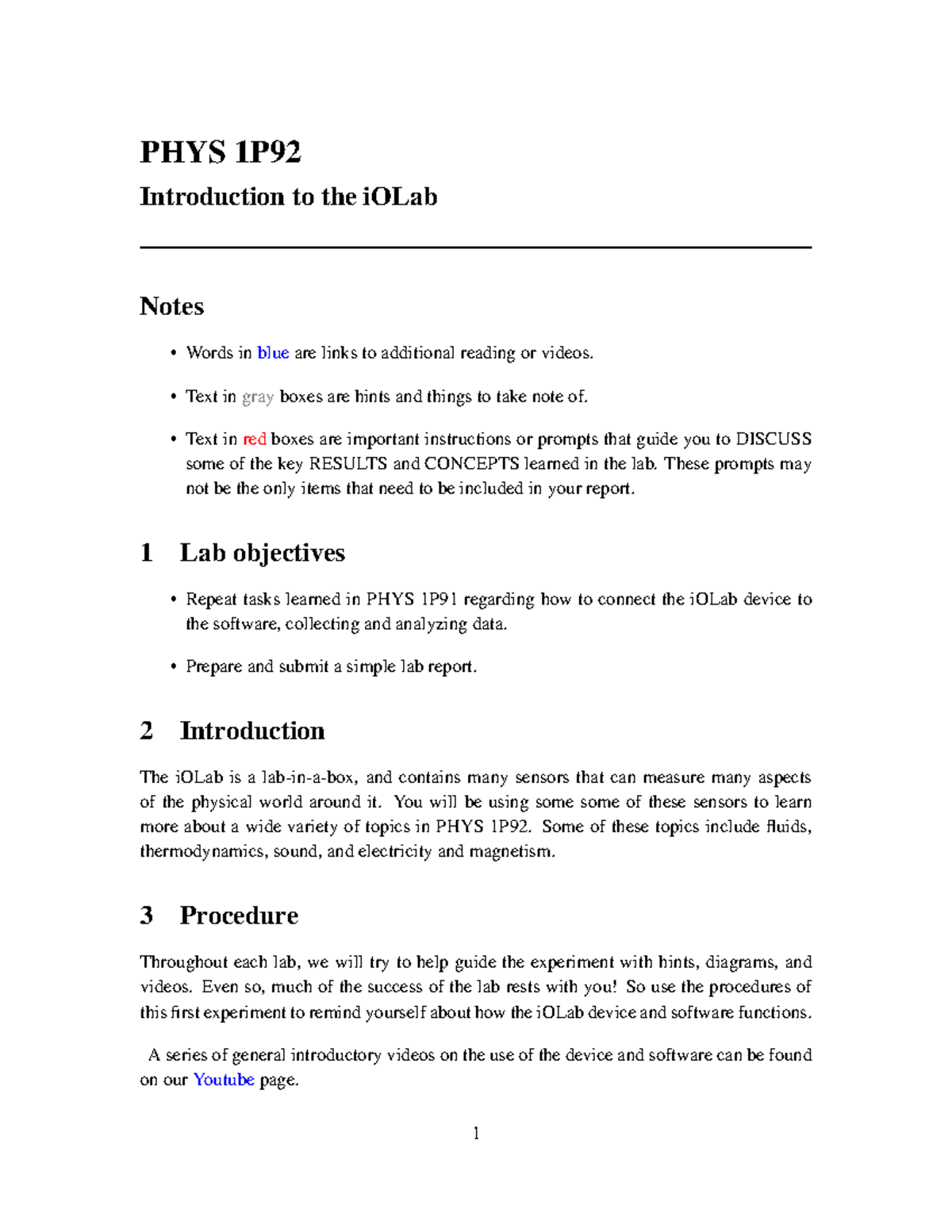 PHYS 1P92 Lab Manual: Introduction to iOLab & Experiment Prep - Studocu