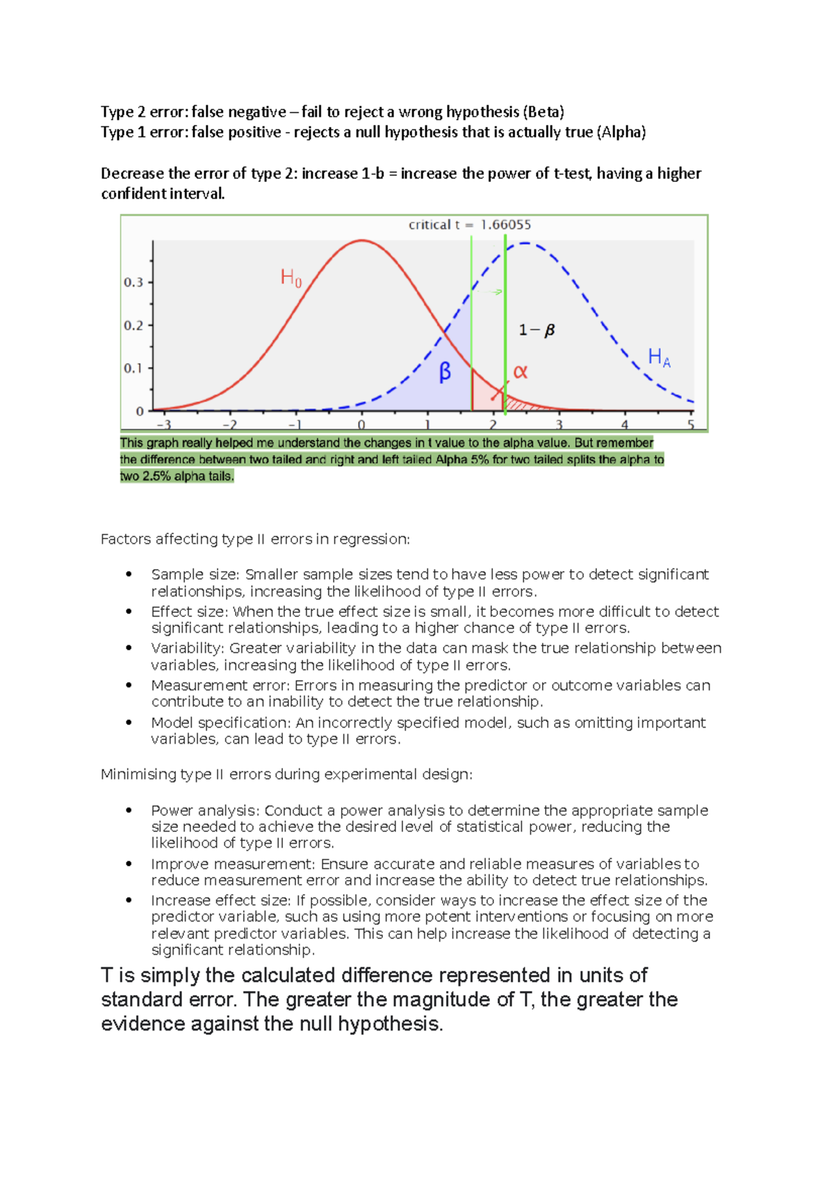 BIOL2006 Quiz 1 Revision Notes on Type I & II Errors and t-Test - Studocu