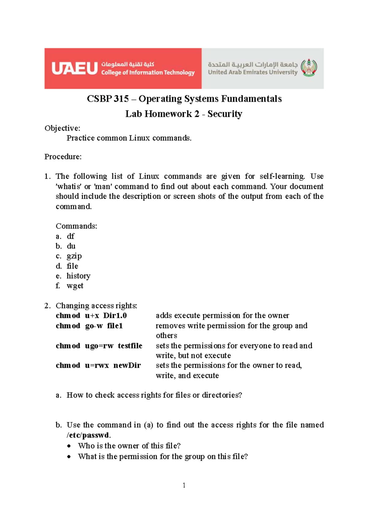 CSBP 315 OS Fundamentals Lab HW 2: Linux Commands & Permissions - Studocu