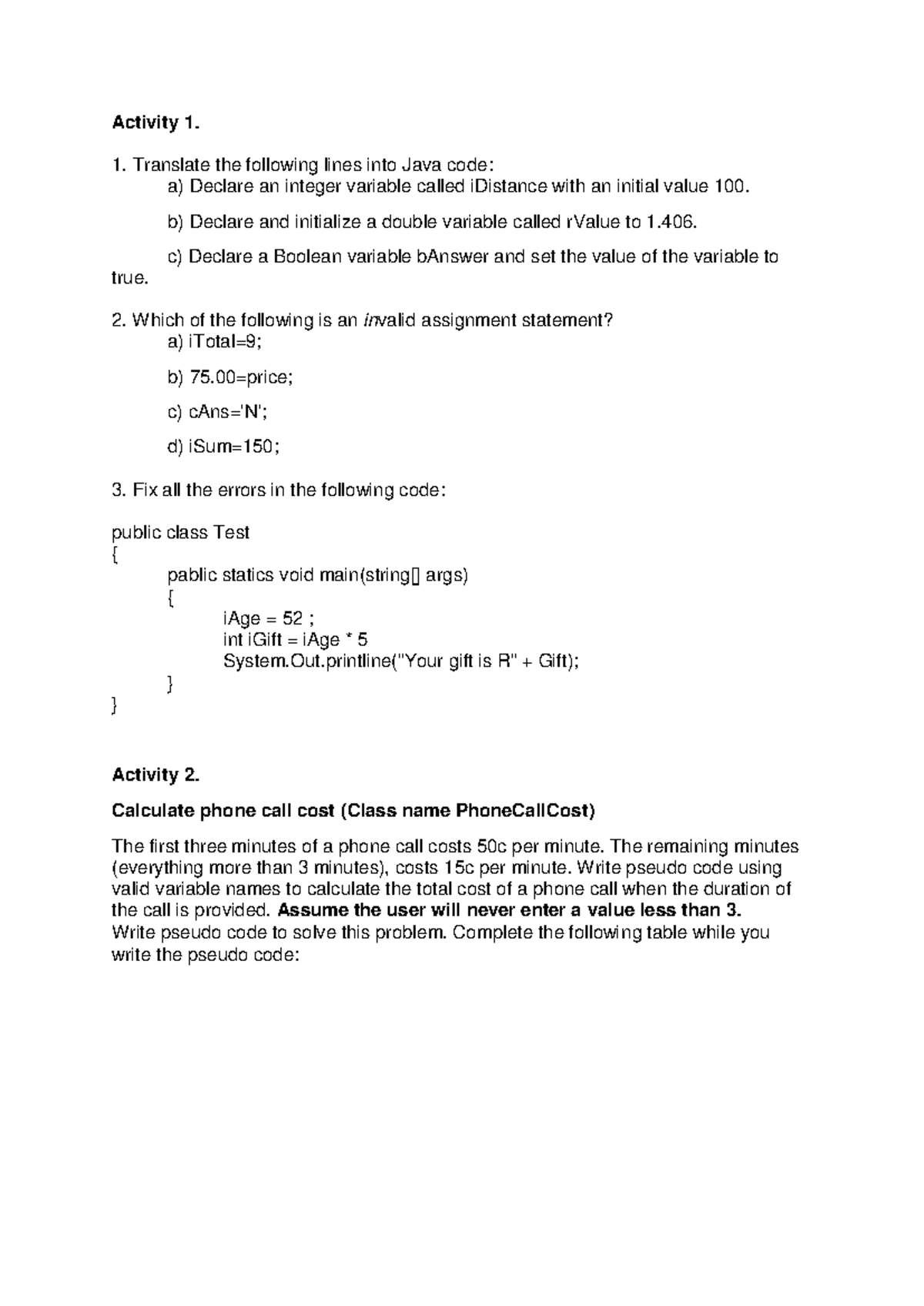 PPA - Learner Activity: Java Code Translation & Phone Call Cost ...