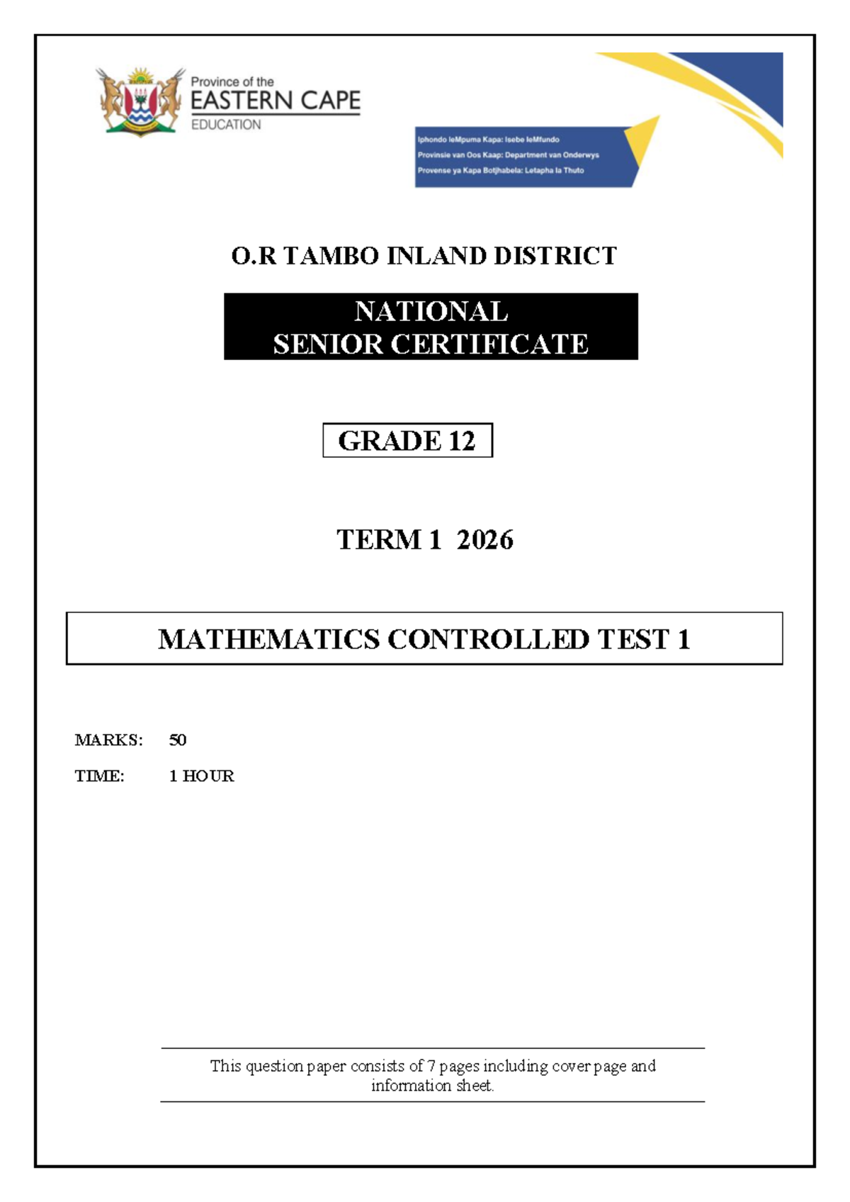 Grade 12 Mathematics Controlled Test 1 - Term 1 2026 - Studocu