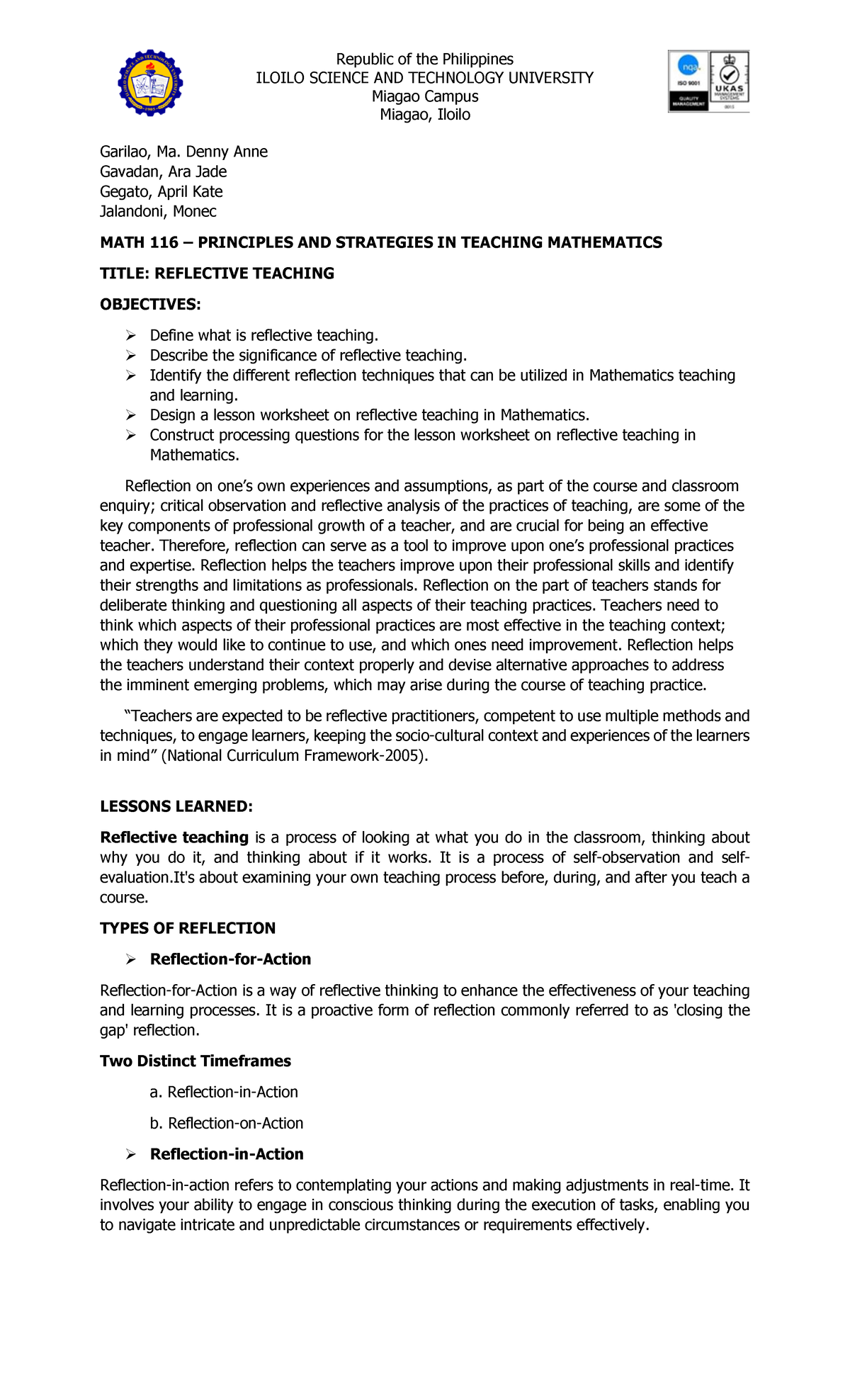 Reflective Teaching Strategies in MATH 116: Enhancing Professional ...