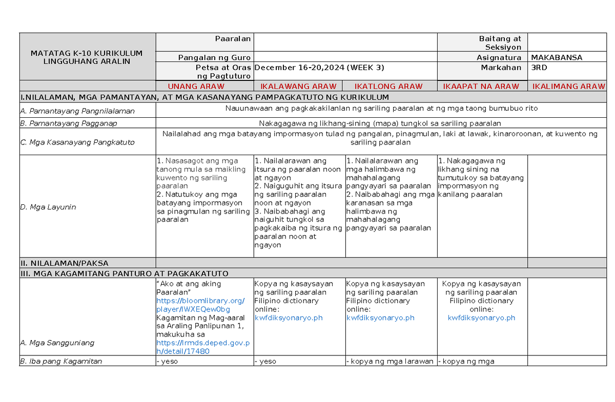 Makabansa 3rd Q3 Week 3 Lesson Plan and Teaching Materials - Studocu