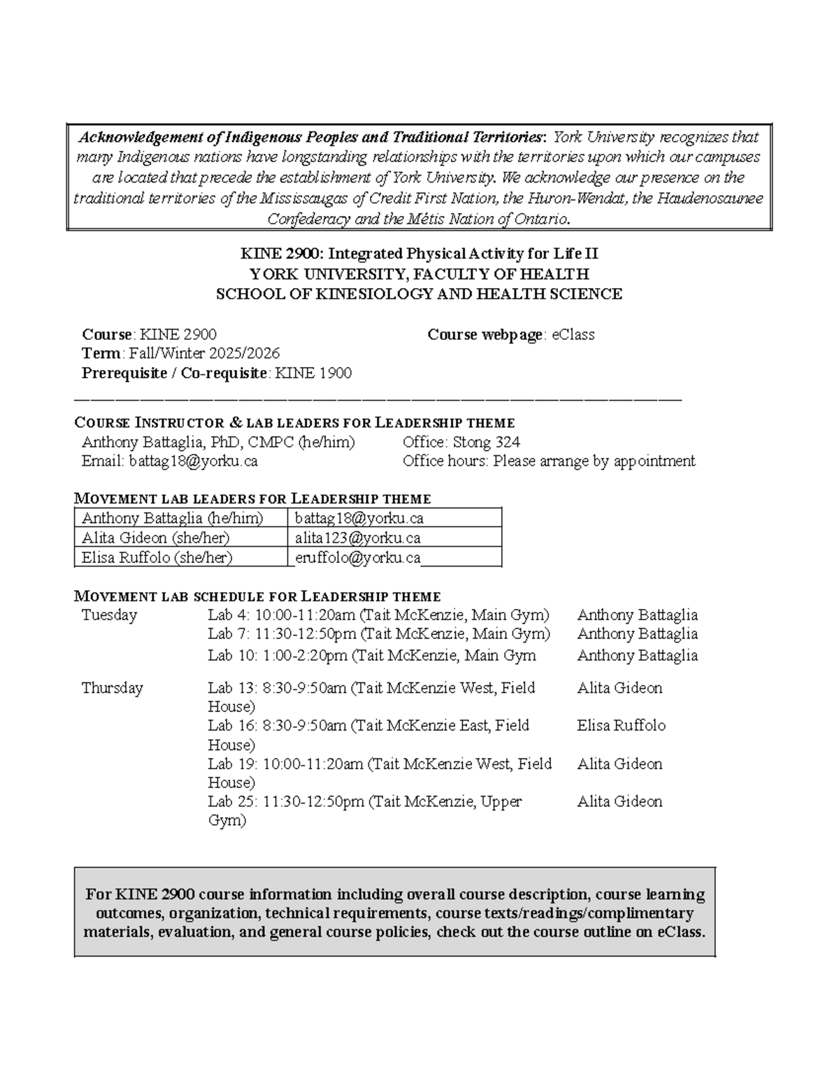 KINE 2900: Leadership in Kinesiology Course Outline and Schedule - Studocu