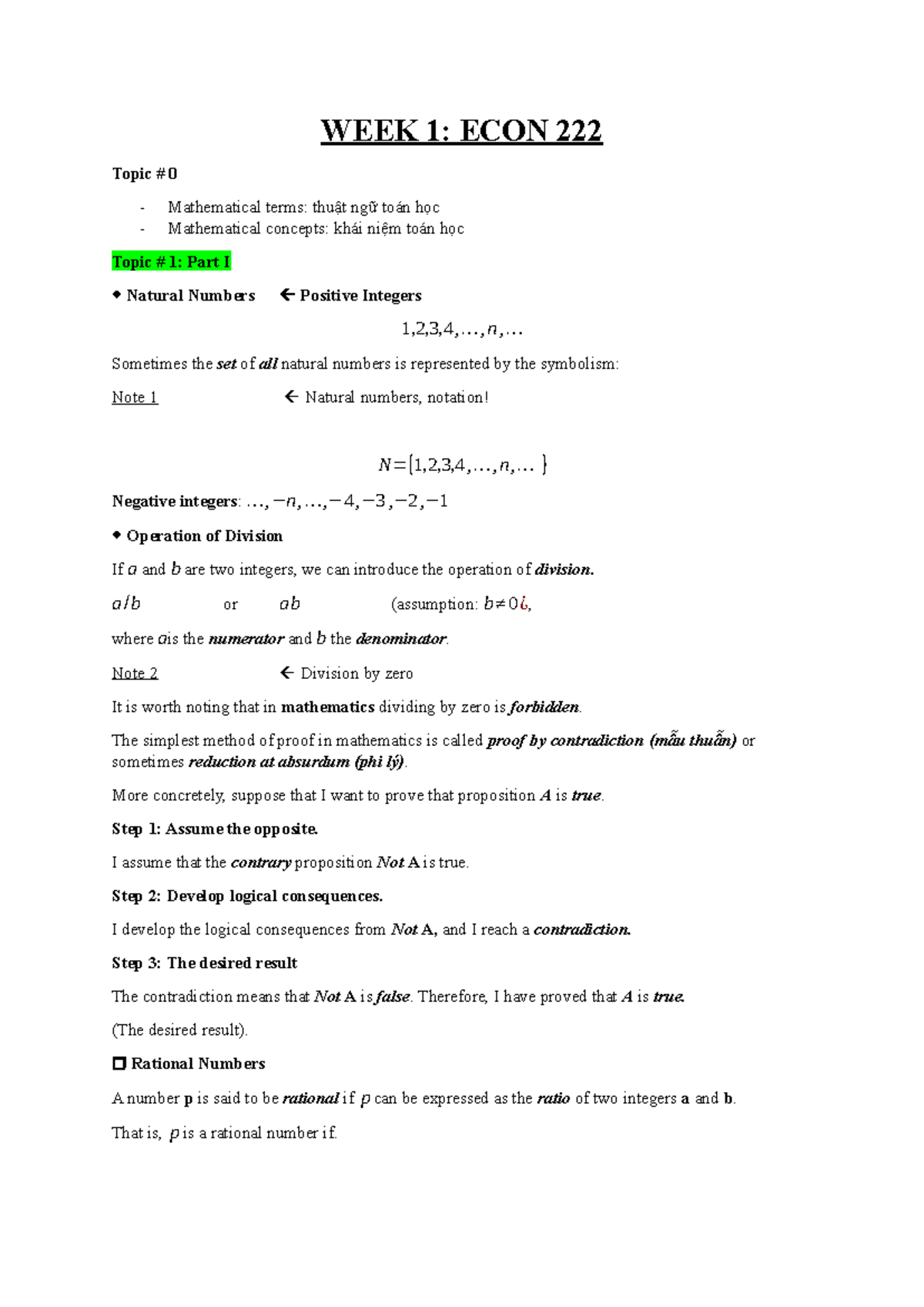 WEEK 1 LECTURE NOTES: ECON 222 - Mathematical Concepts and Terms - Studocu