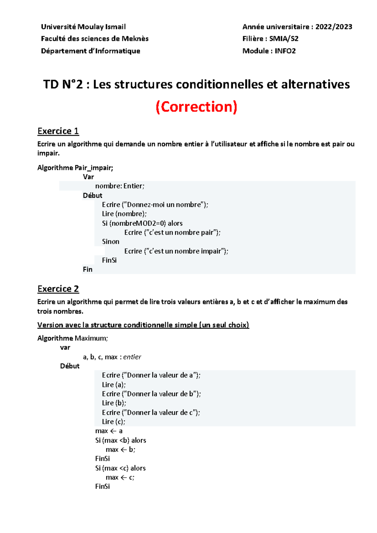 TD Algorithmique N 2 Structures conditionnelles et alternatives(corrigé ...