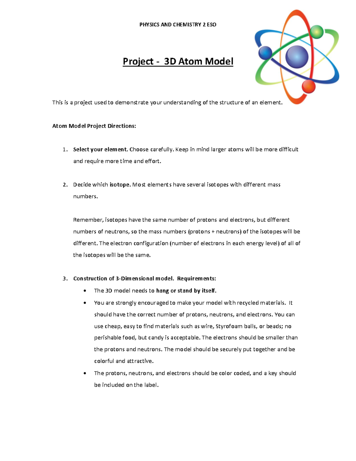 3D Atom Model Project - PHYSICS AND CHEMISTRY 2 ESO - Studocu