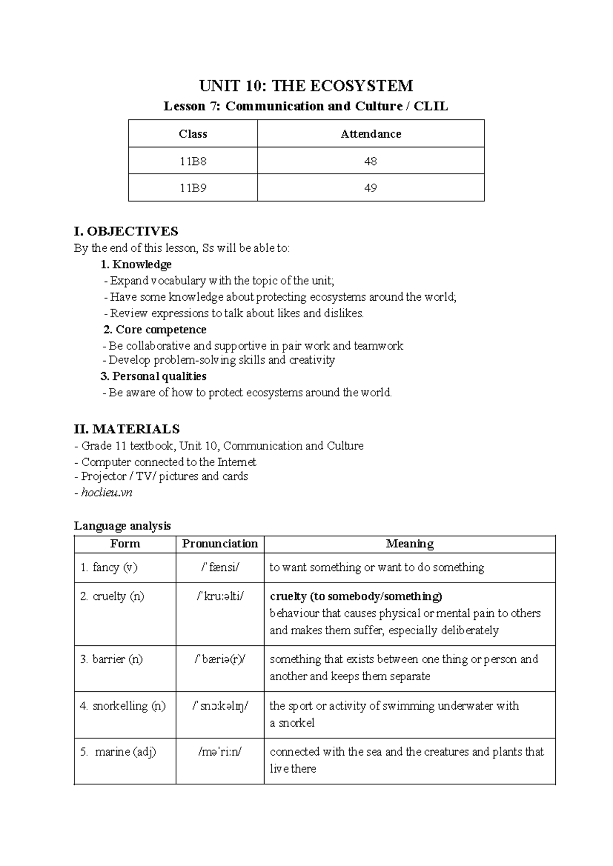 UNIT 10: ECOSYSTEM Lesson 7 - Communication & Culture CLIL 11B8/11B9 ...