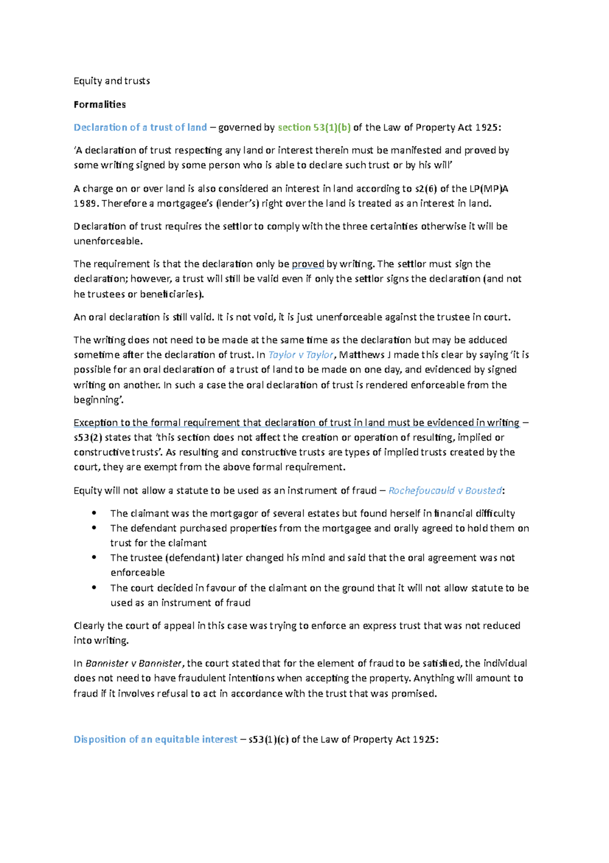 Formalities and constitution notes - Equity and trusts Formalities ...