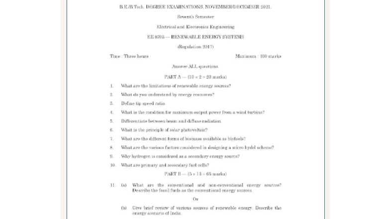 EE Renewable Energy Systems - Degree Exam Questions 2021 - Studocu