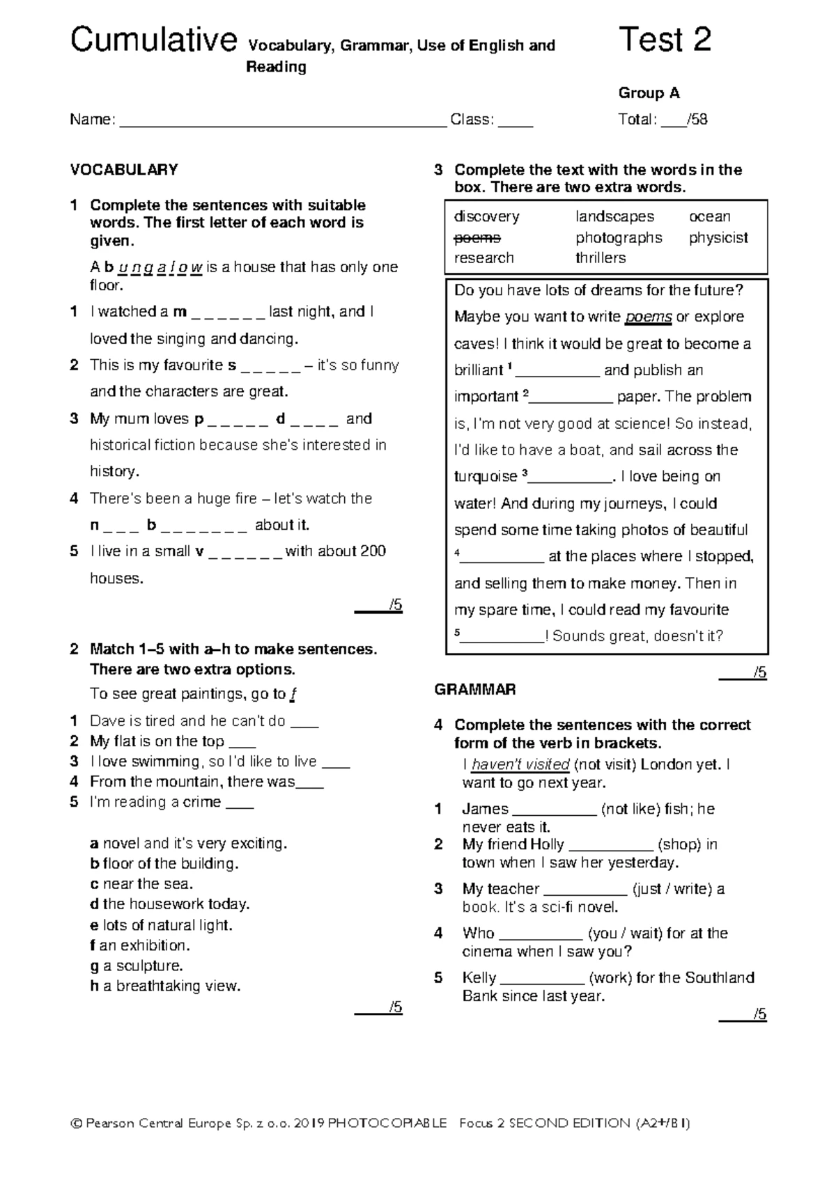 Focus 4 2E Grammar Quiz Unit 6.5 Group A & B Answer Key - Studocu