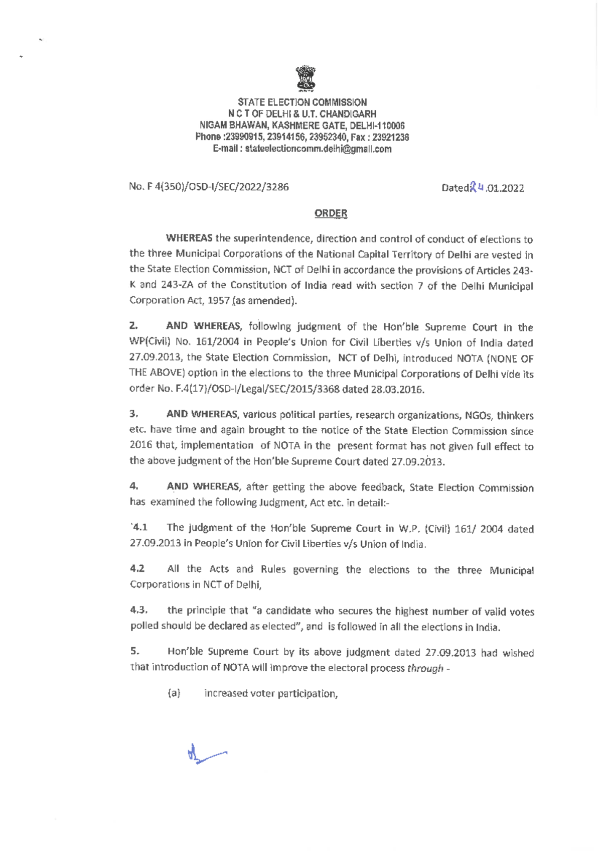 Order on NOTA Implementation for Delhi Municipal Elections - Studocu