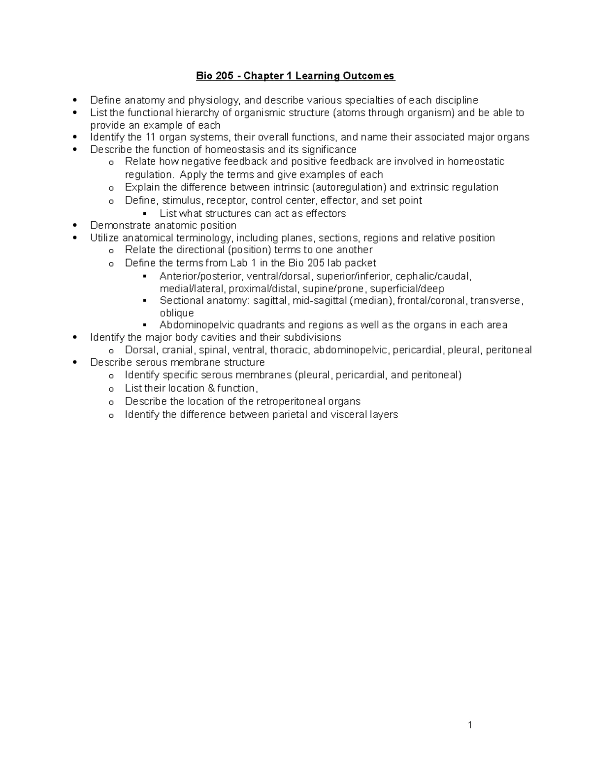 Unit 2 Learning Outcomes for BIOL 205 S21 - Anatomy & Physiology I ...
