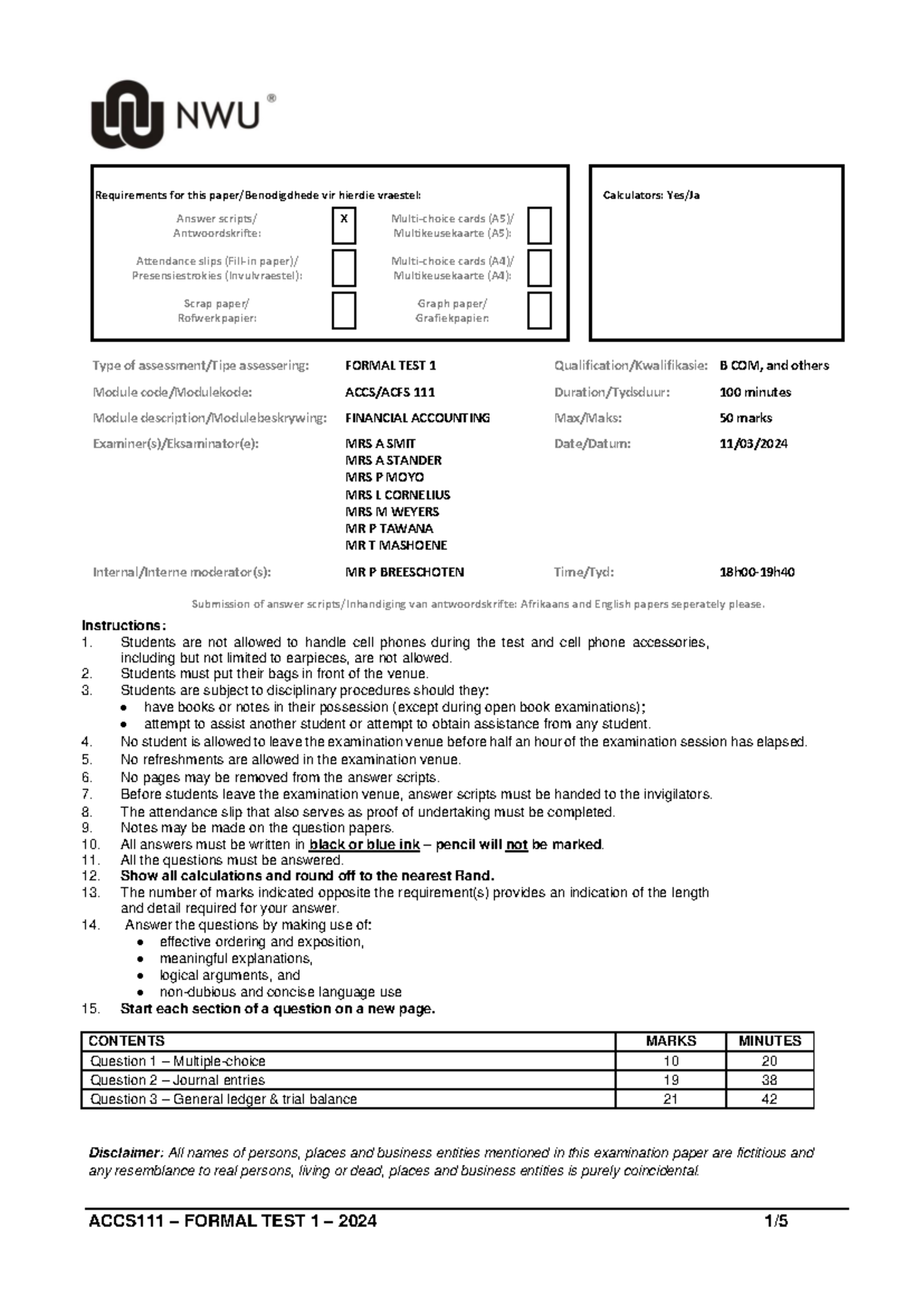 2024 ACCS111 Formal Test 1: Financial Accounting Guidelines and ...