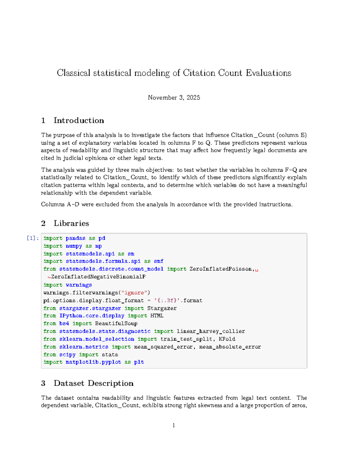 Statistical Modeling of Citation Counts: Analysis & Findings (CS101 ...