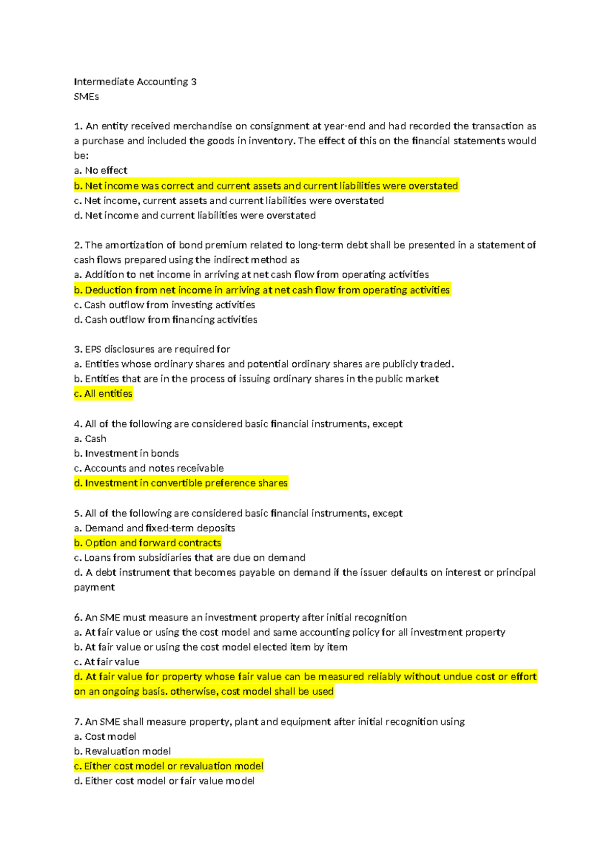 Intermediate Accounting 3 - SMEs Final Exam Review Questions - Studocu