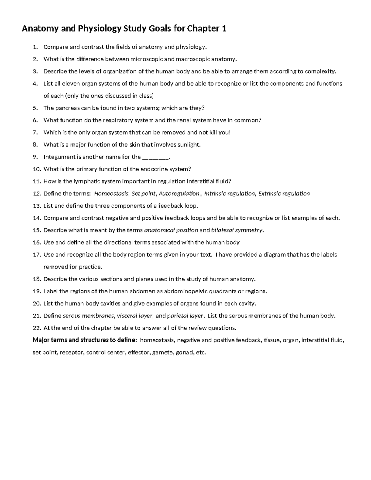 A&PI Study Goals for Chapter 1: Body Organization and Systems - Studocu