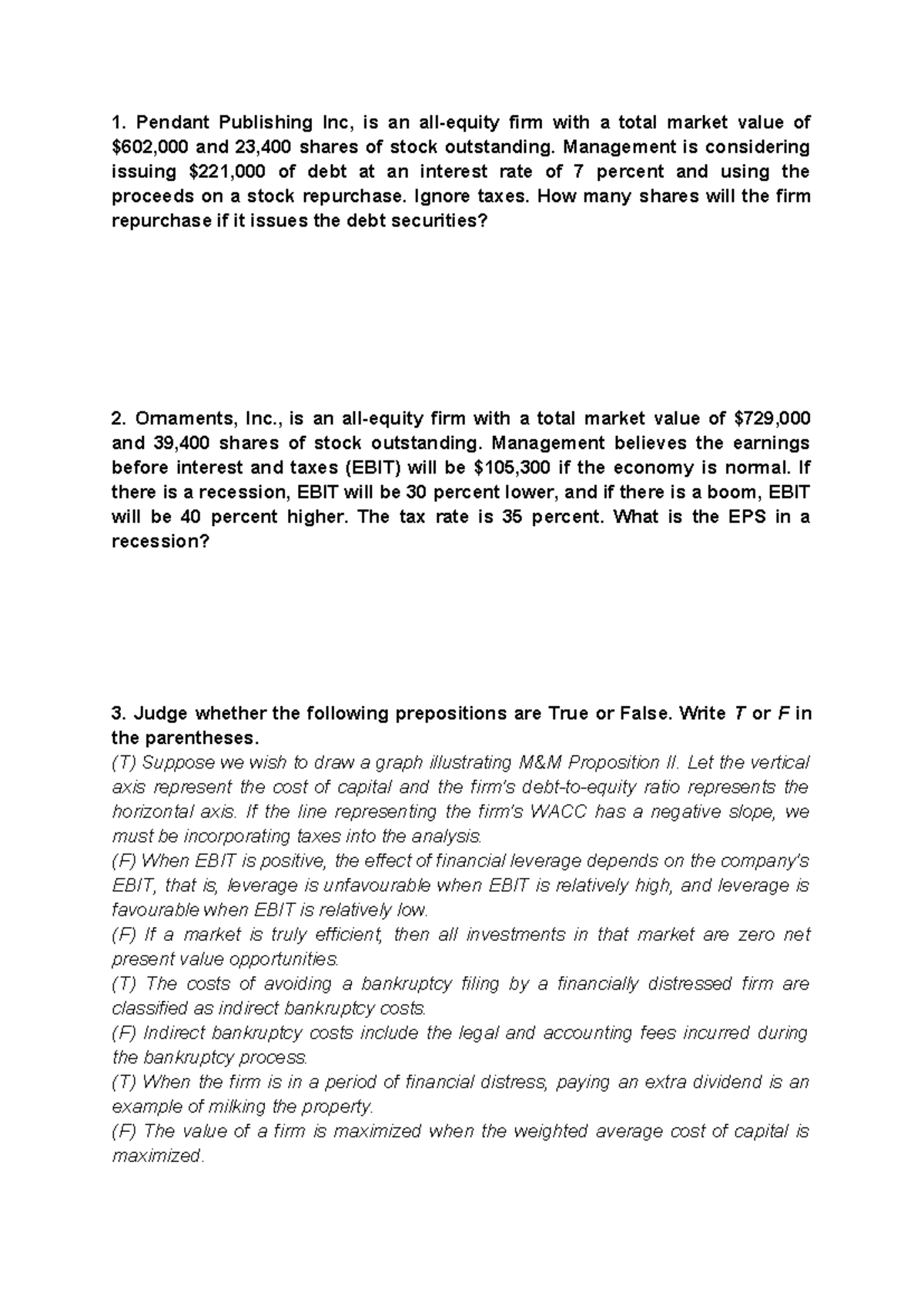 FIN 301 - Practice Test on Capital Structure and Leverage - Studocu