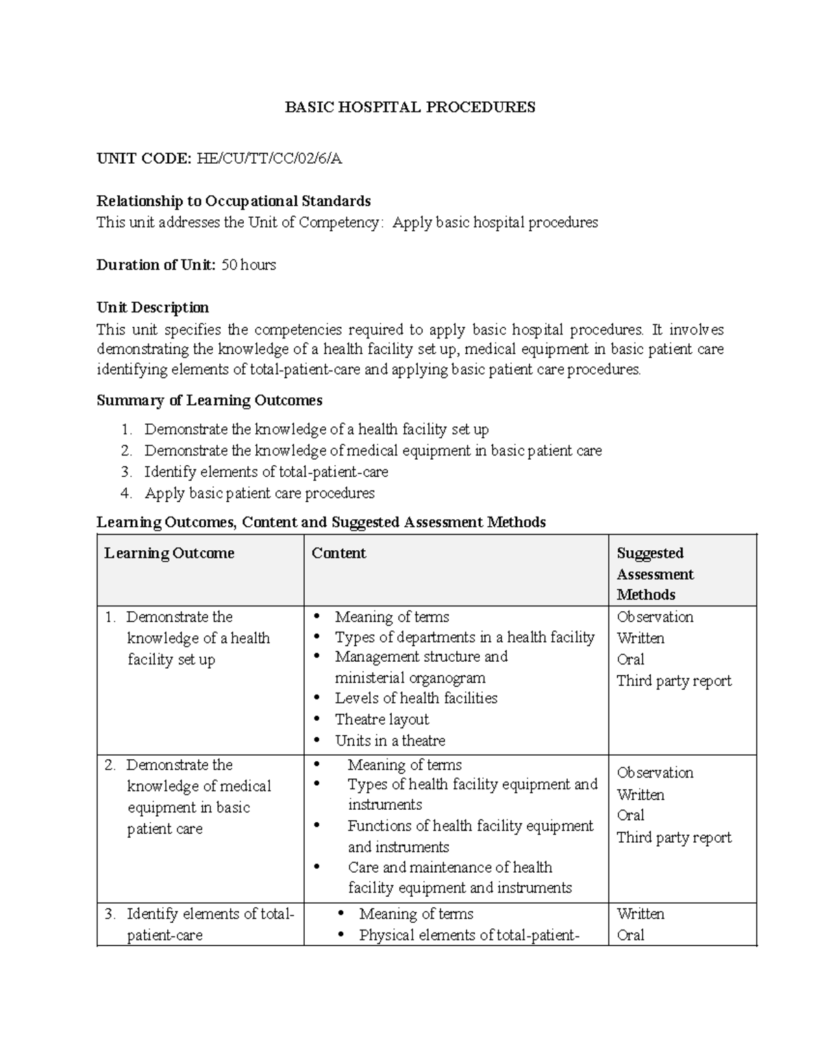 Basic Hospital Procedures Unit Code: Apply Basic Patient Care Standards ...