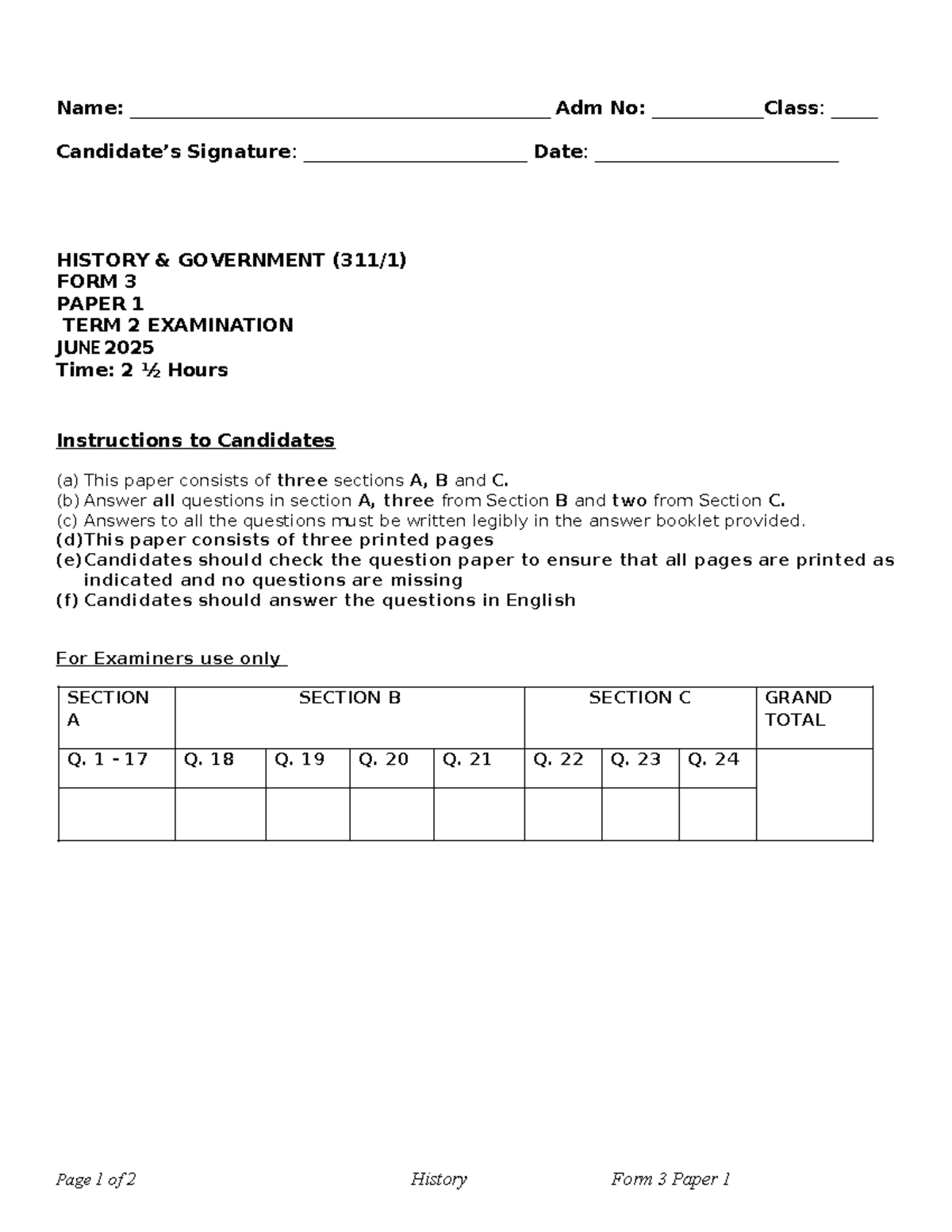HISTORY & GOVT F3 TERM 2 EXAMINATION PAPER 1 JUNE 2025 - Studocu