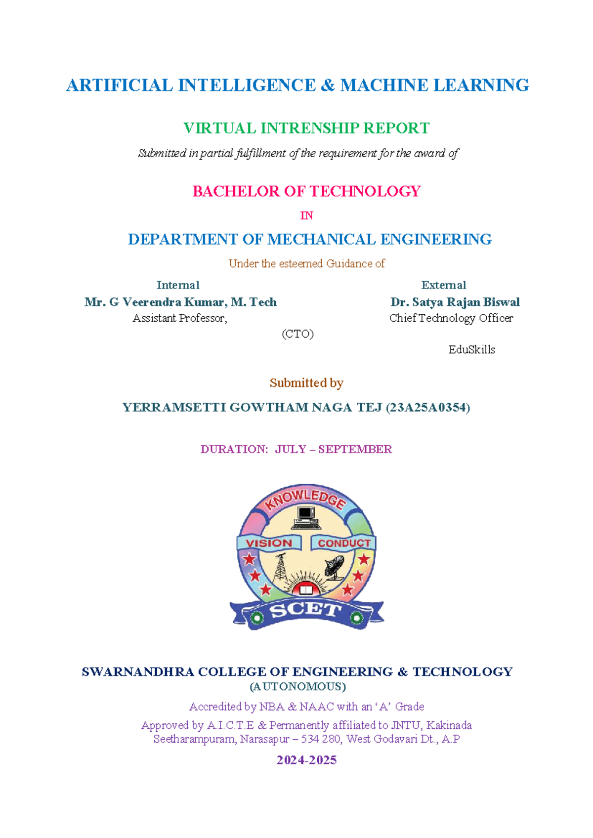 B.Tech Internship Report on AI & Machine Learning (23A25A0354) - Studocu