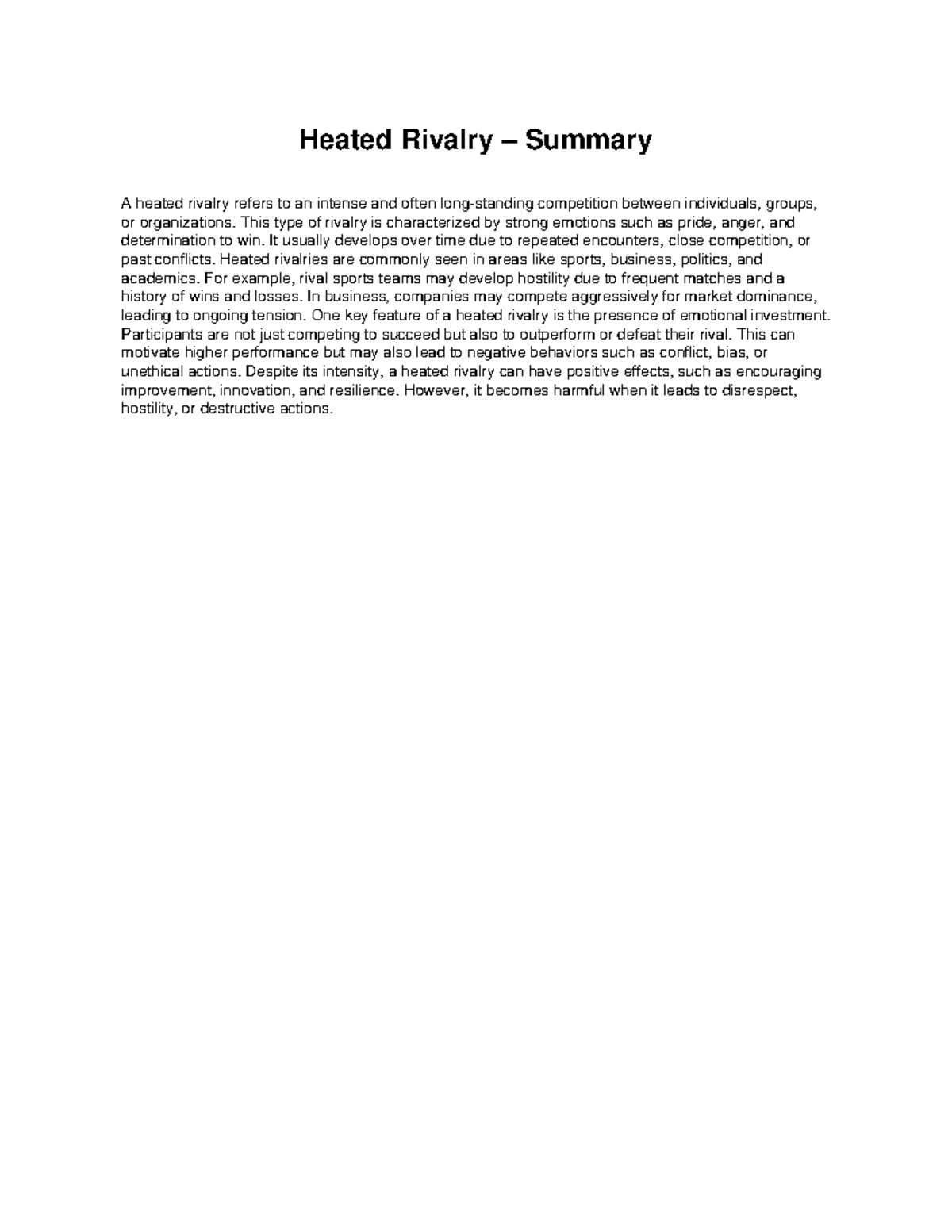 Heated Rivalry Summary: Understanding Intense Competitions - Studocu