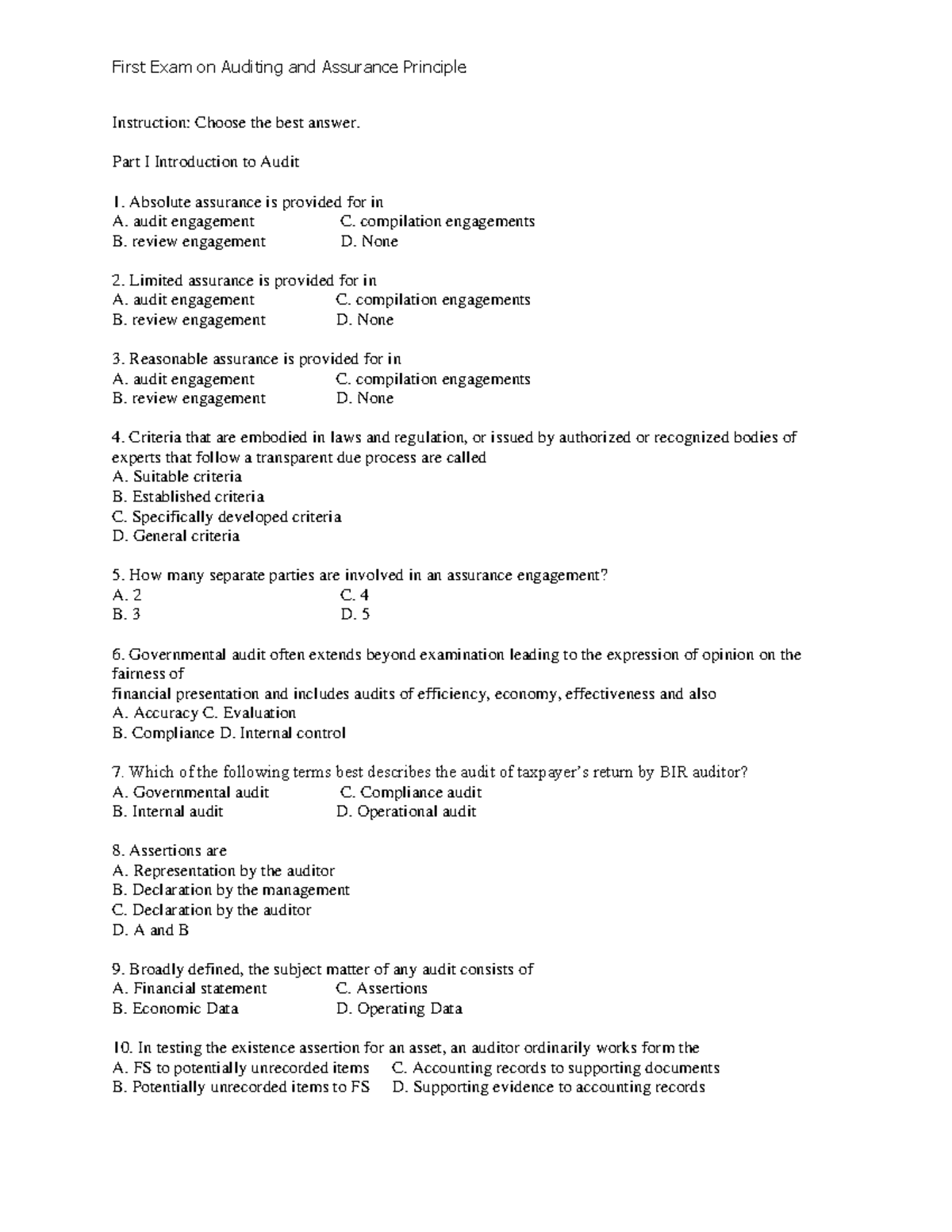 First Exam on Auditing and Assurance Principles for BSMA - Studocu