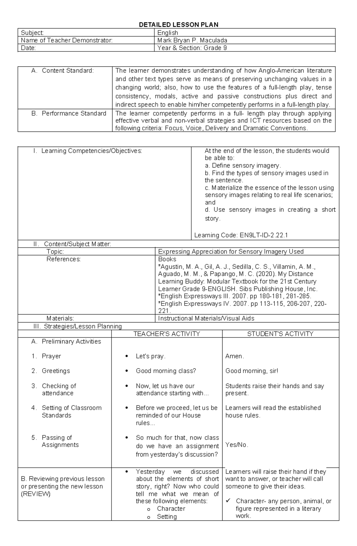 DLP: Grade 9 English Lesson Plan on Sensory Imagery Techniques - Studocu