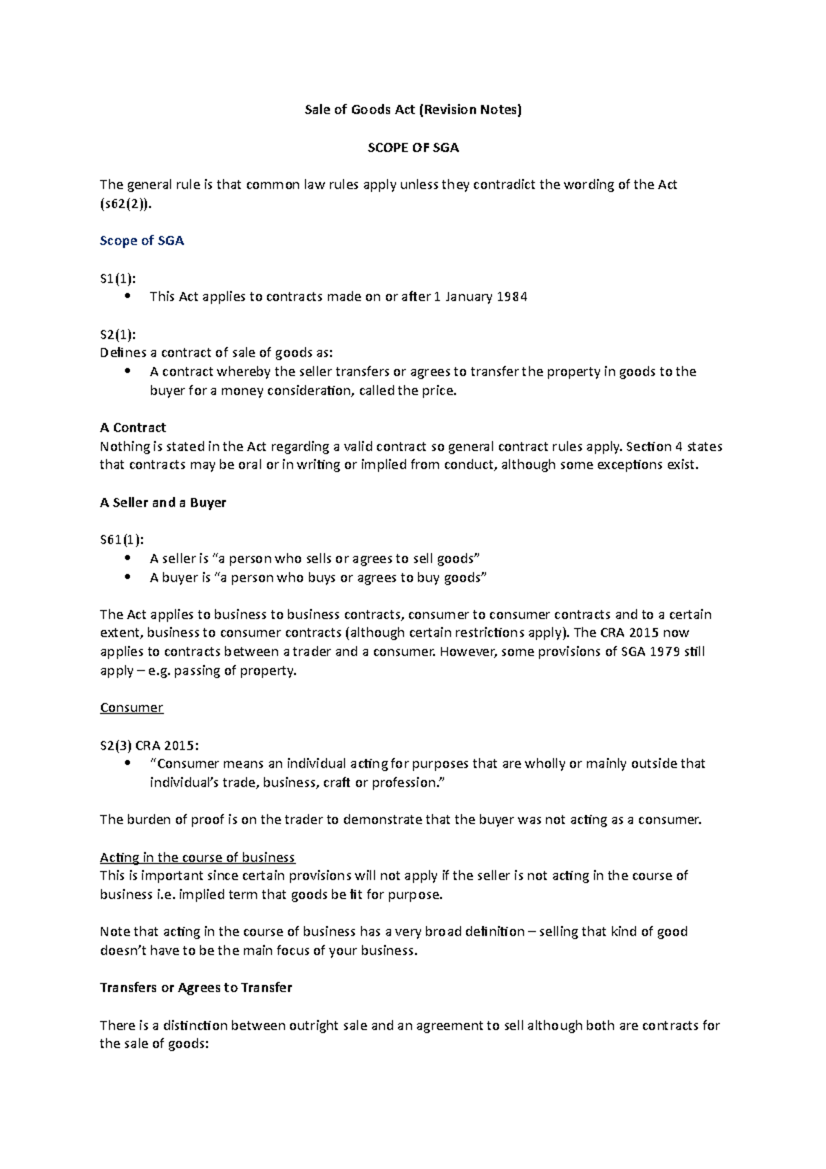 SGA 1979: Comprehensive Lecture Notes on Sale of Goods Act - Studocu
