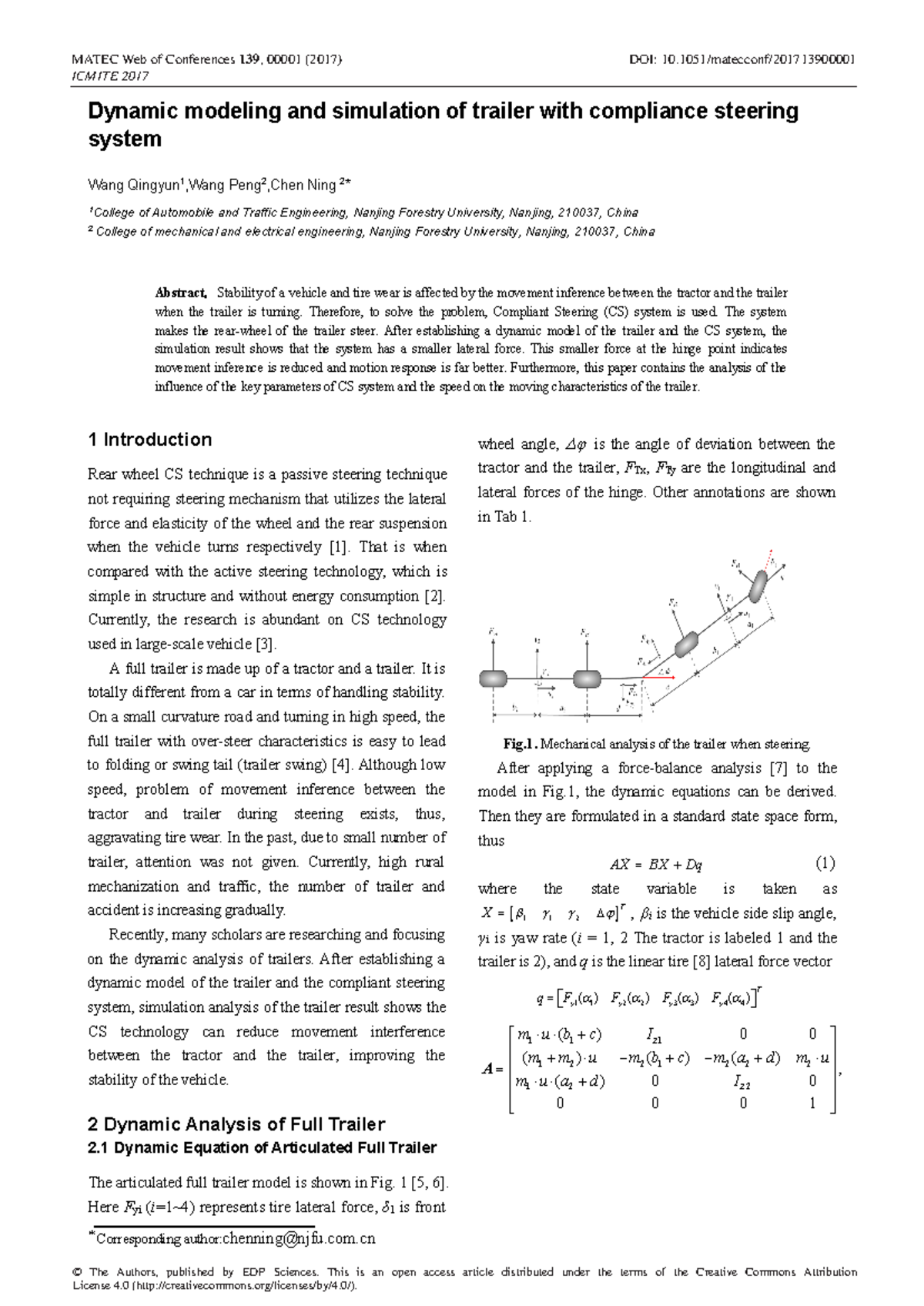 Dynamic Modeling and Simulation of Compliant Steering in Trailers - Studocu