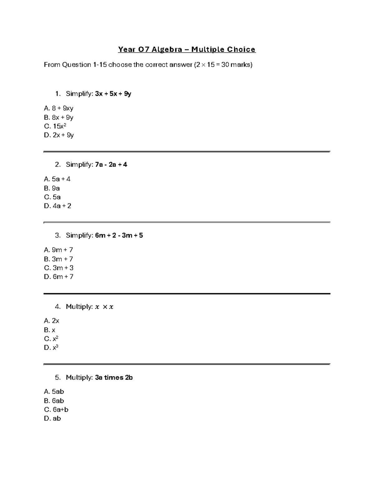 Year 7 Algebra MCQ Exam - Final Assessment - Studocu