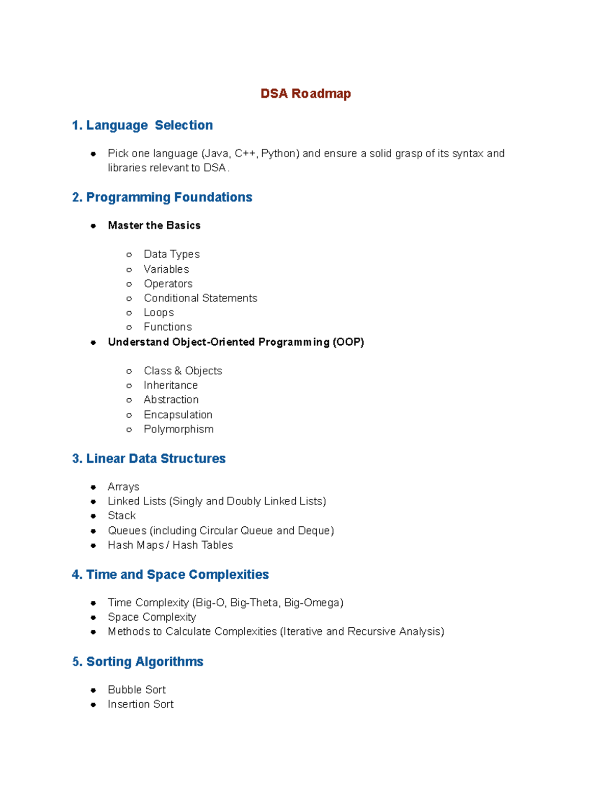 DSA and System Design Roadmap - DSA Roadmap 1. Language Selection Pick ...
