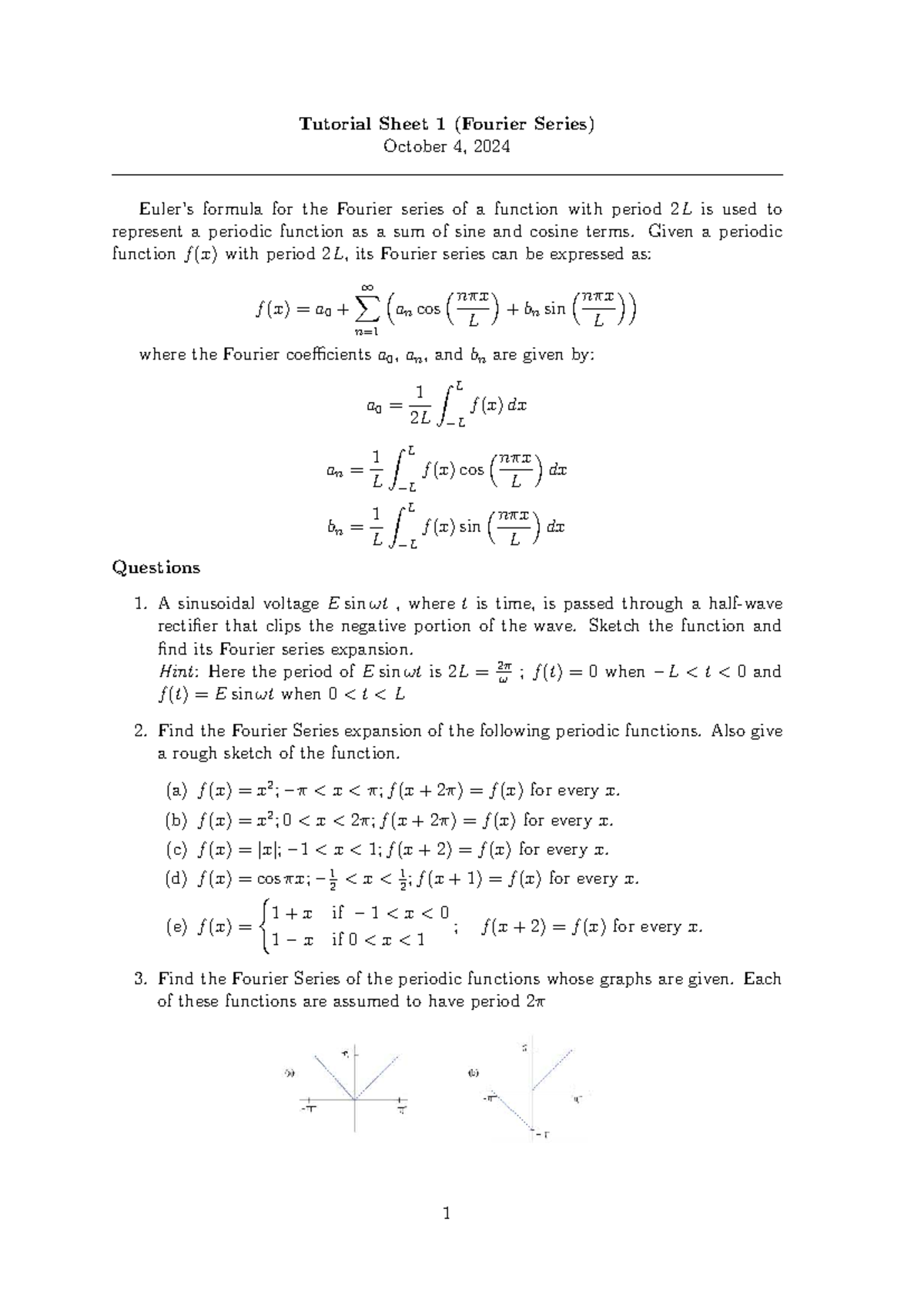 Tutorial Sheet 1: Fourier Series Concepts and Problems - Studocu