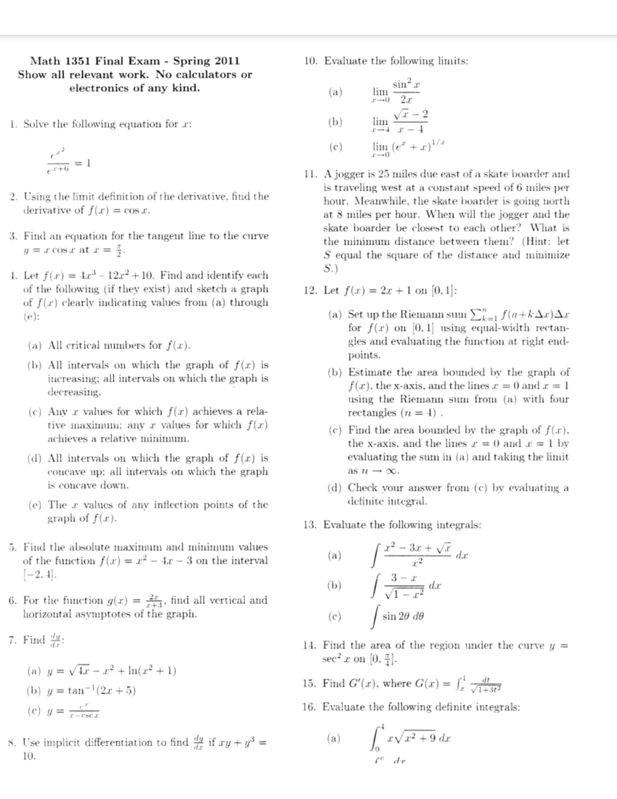 Calculus Worksheet: First Steps in Derivatives and Integrals - Studocu