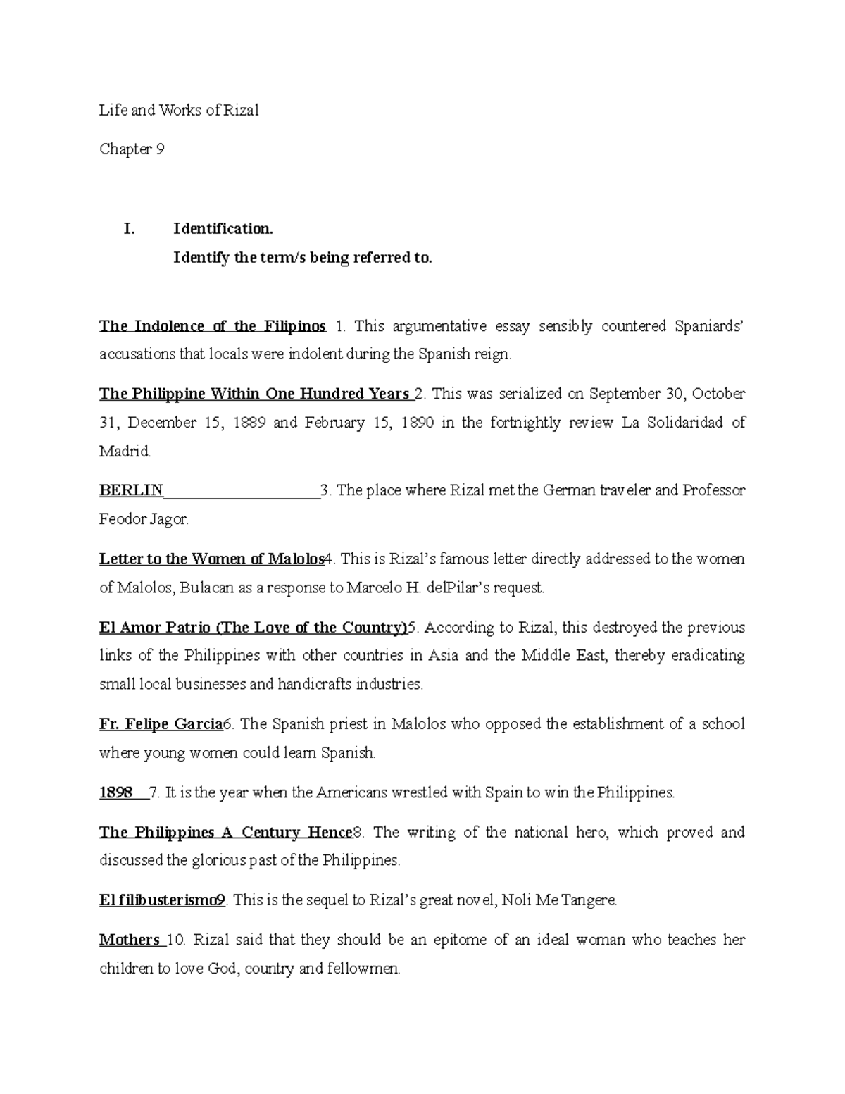 Life and Works of Rizal Chapter 9: Key Themes and Insights - Studocu