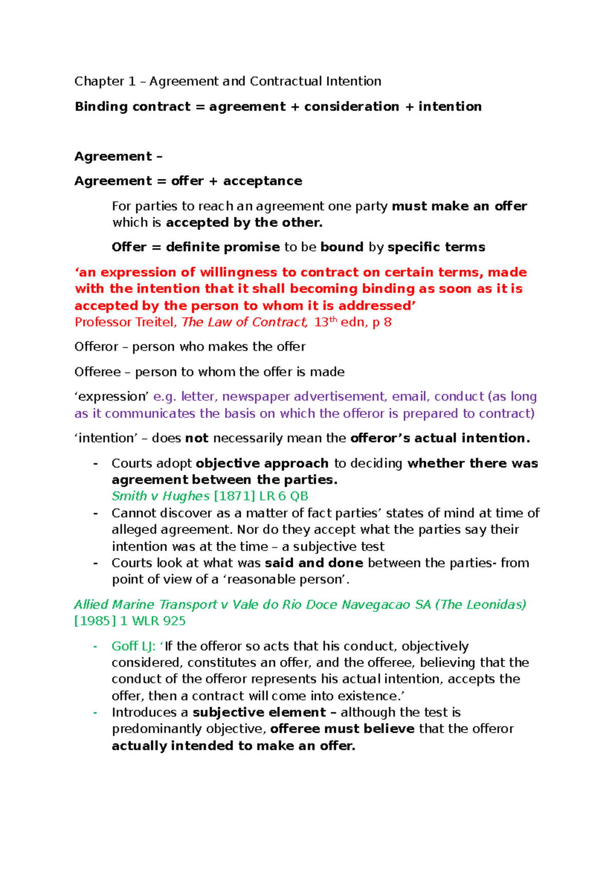 Chapter 1 - Agreement and Contractual Intention Notes - Studocu