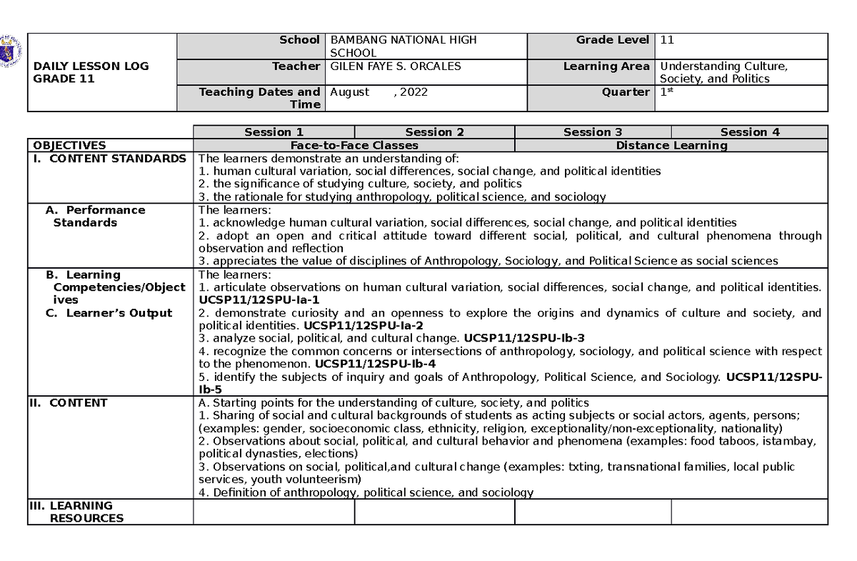 DLL-2022-2023 UCSP - Daily Lesson Log for Understanding Culture ...