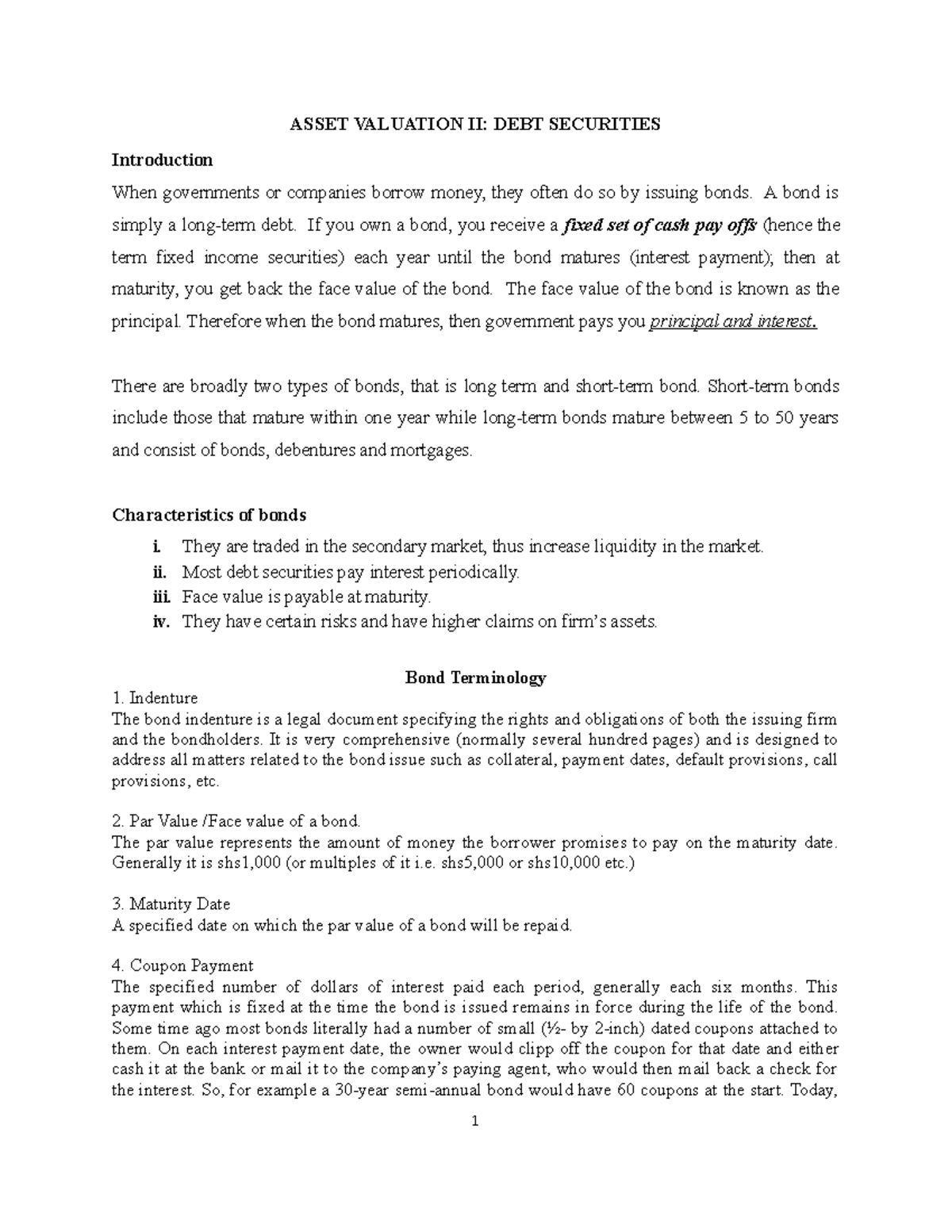 Asset Valuation II: Understanding Debt Securities Fundamentals - Studocu