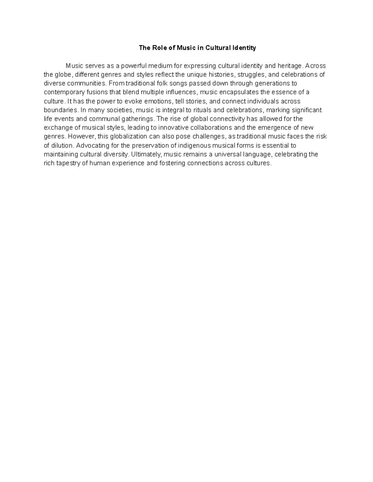 The Role of Music in Cultural Identity: An Analysis of Its Impact - Studocu