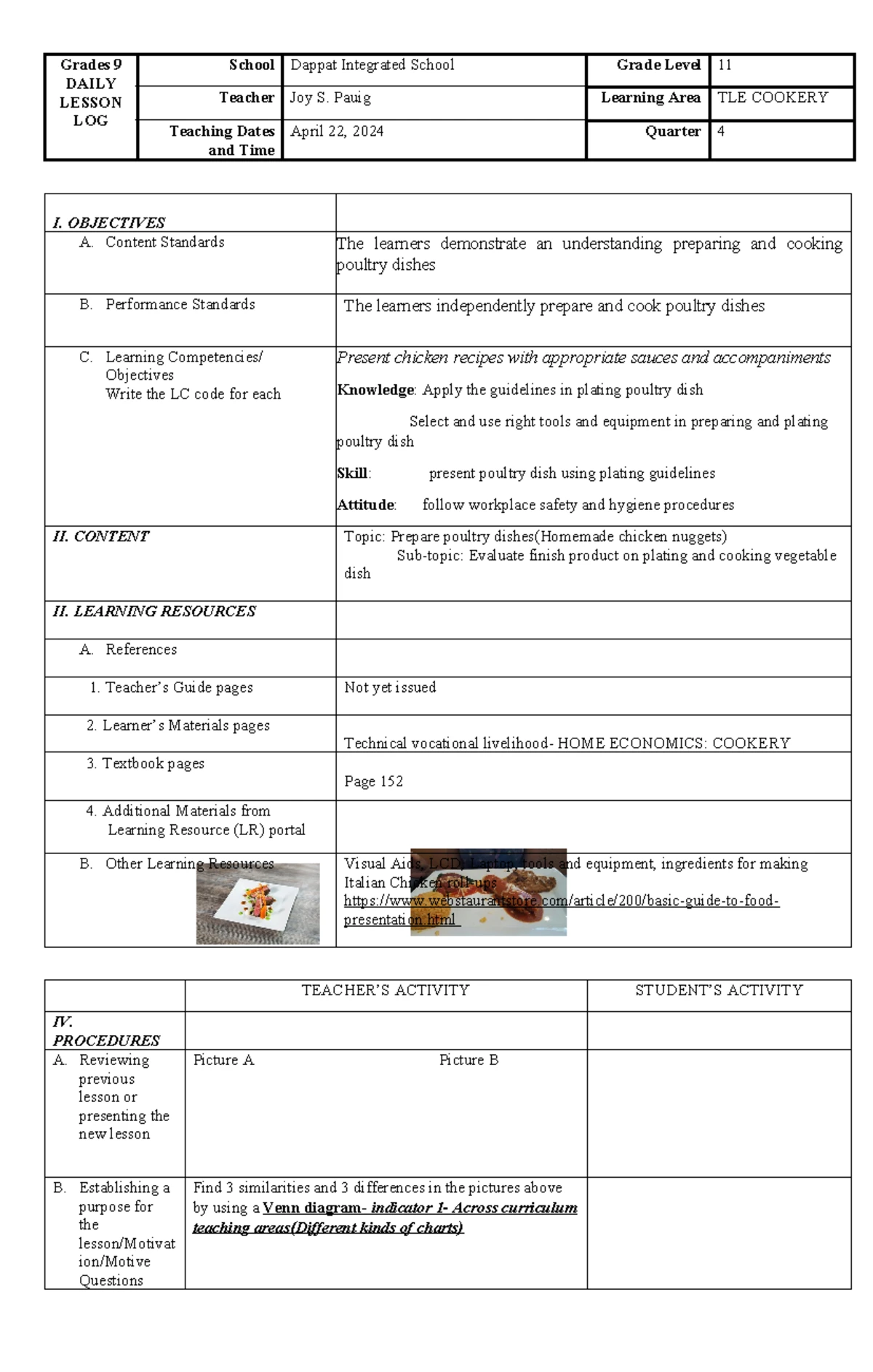DLL Cookery Week 4 Lesson Plan - Grade 11 TLE-Cookery - Studocu