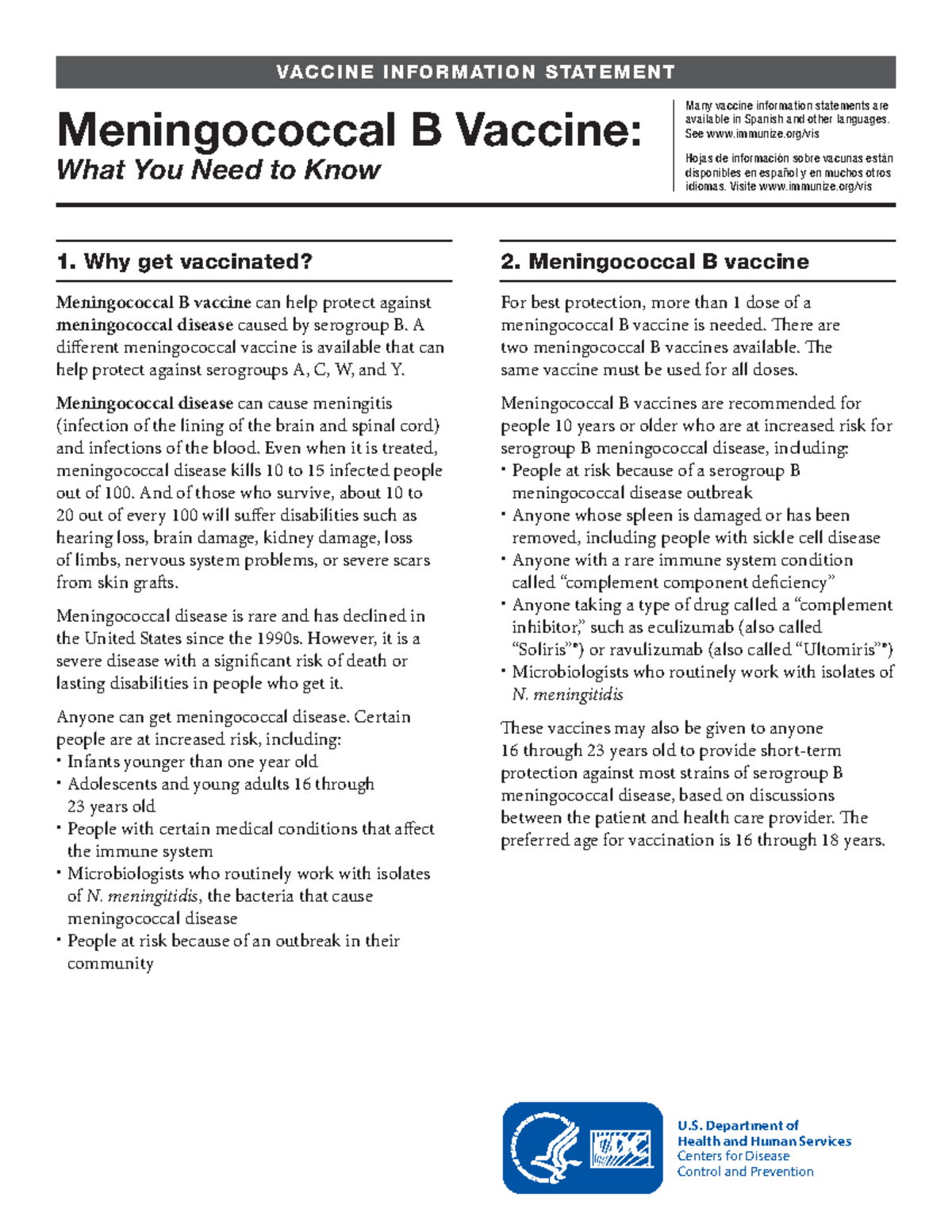 Meningococcal B Vaccine VIS - CDC Recommended Schedule and Information ...