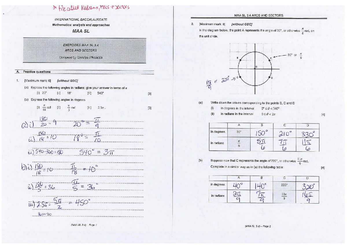MAA SL 3.4 ARCS AND SECTORS: Radians Practice Exercises - Studocu